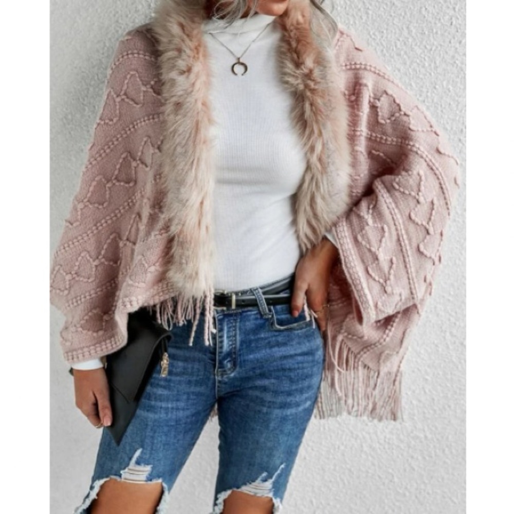 Boho vegan fur sweater cardigan open poncho - Picture 3 of 16